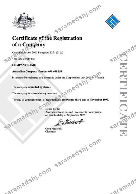 Australia certificate of company registration Word and PDF template